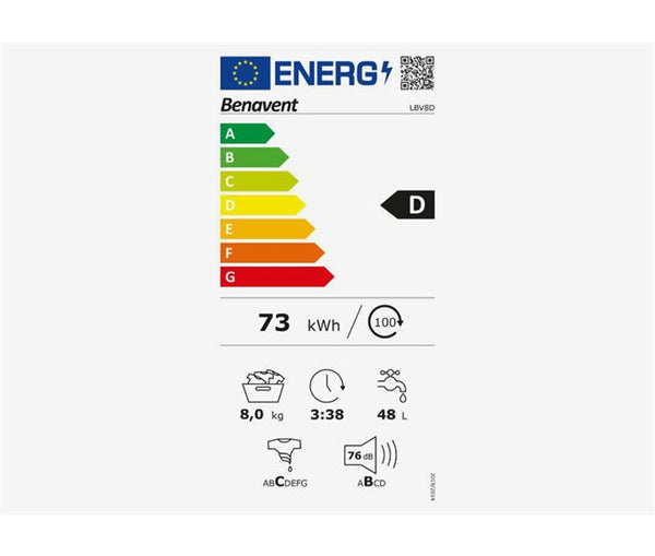 Lavadora Benavent LBV8D 8kg 1000rpm Clase D con 15 Programas, Inicio Diferido y Control Antidesbordamiento